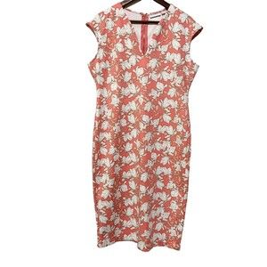 New York & Company Coral White Floral Print Sleeveless V-Neck Midi Dress L